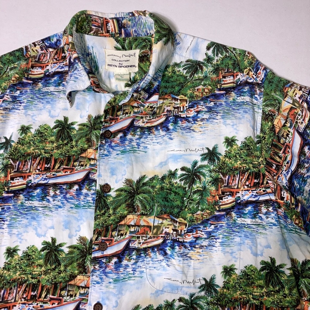 Vintage‎ Reyn Spooner Hawaiian Shirt Guy Buffet Art Seaside Size L Made in USA